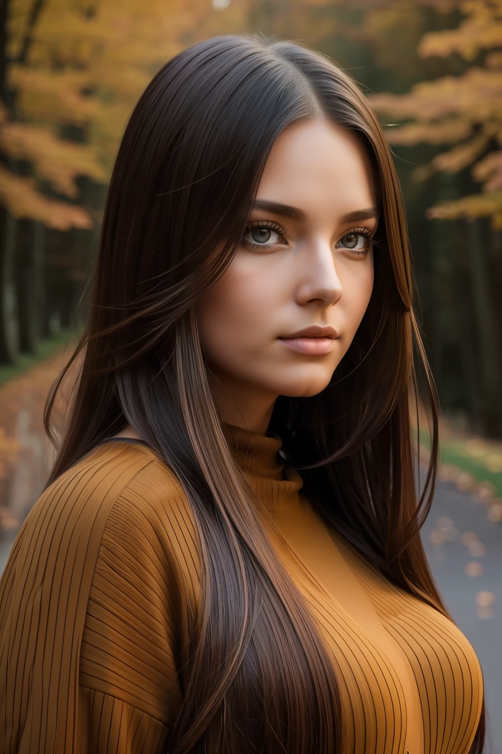 photography of a stunning girl, wearing a autumn jumper, long hair on one side, heavy bust 36DD, looks into the camera, symmetrical eyes, symmetrical face, photorealistic, photography, path tracing, specular lighting, volumetric face light, path traced hair, visible shadows, intricate, elaborate