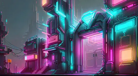CyberpunkAI ( | neonlight } At the school gate , Detailed background