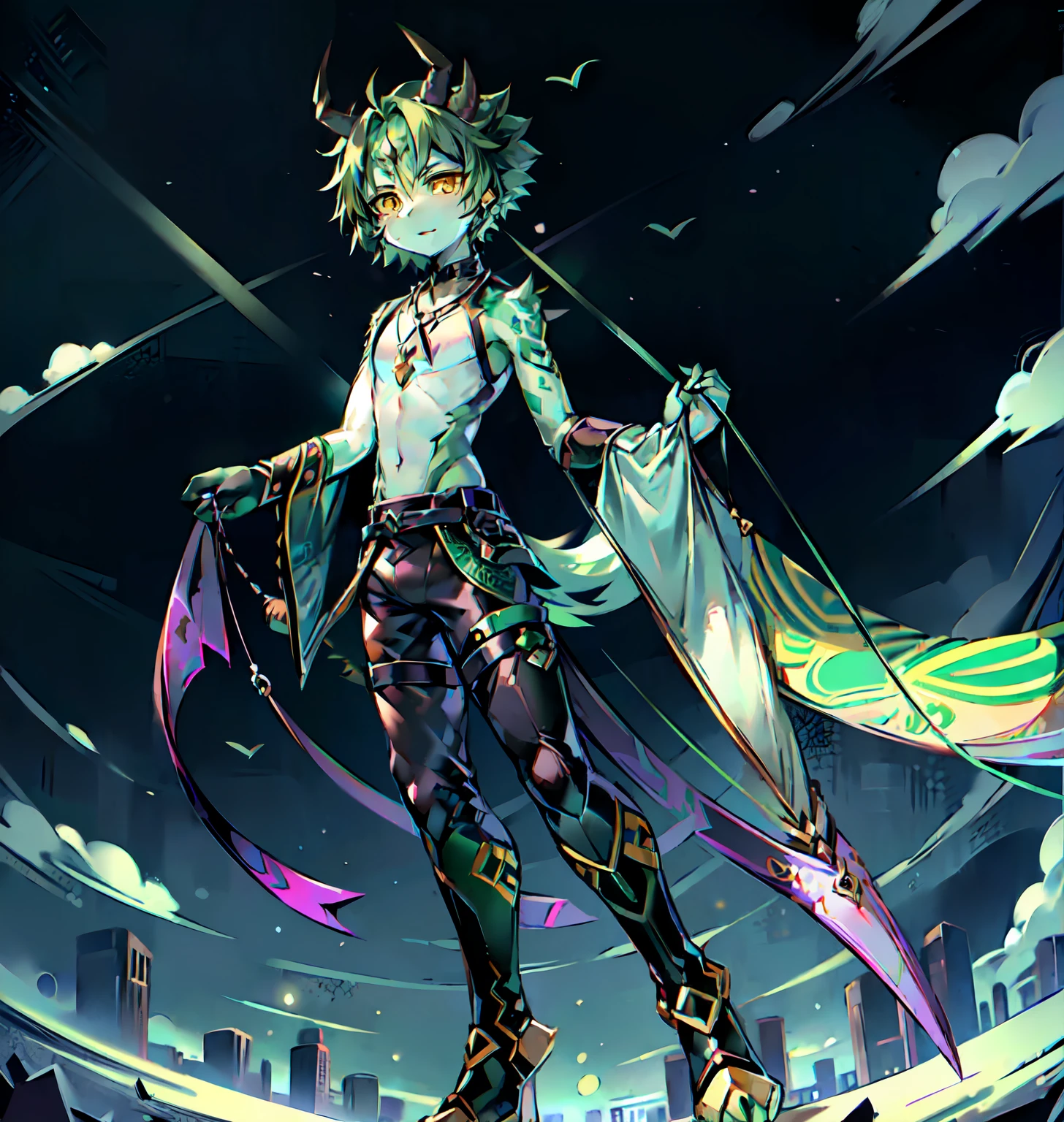 yellow eyes, green hair, short hair, tattoo, forehead tattoo, necklace, 1boy, solo focus, male focus, black within green hair, xiao \(genshin impact\) as a Digimon, digimon \(creature\),((Green and White skin)) ,((Bird like)) ,(( Demon like)),((green, white, Black and Purple color scheme)), ((high quality )) ,((Masterpiece)), ((Harpy))