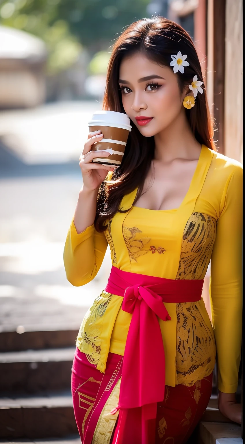 8k portrait of beautiful cyborg with brown hair, ((drinking coffee)), photography, portrait of gadis_jelita wearing kebaya_bali in red_kebaya_bali, red lipstick, detail, flowers, blurry background, soft focus, (masterpiece, sidelighting, finely detailed beautiful eyes: 1.2), hdr