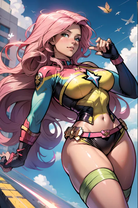 fluttershy, huge-breasts, lush breasts, elastic breasts, hairlong, luxurious hairstyle, in the costume of captain marvel, pink a...