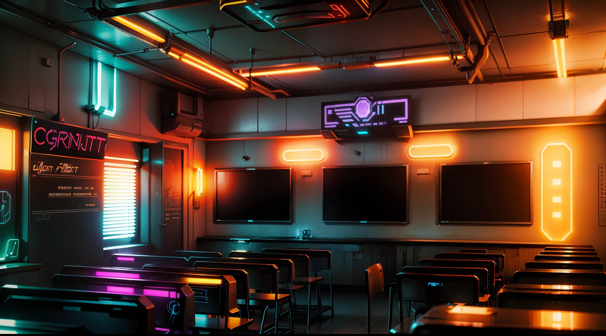 CyberpunkAI ( | neonlight } ‎Classroom, Detailed background