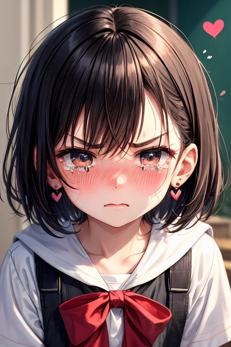 masterpiece, best quality, heart logo, loli,full-face blush, nose blush, short hair, closed mouth, tears, angry, heart earrings,...