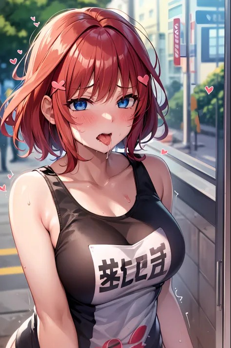 (suggestive:1.3),(corruption),1girl,(whute t-shirt), melting,dripping,red hair,blue eyes,blush,upper body,(ahegao:1.1),(naughty face),collarbone,trembling,sweat,sweatdrop,heart,skindentation, (crazy:1.3),(speed lines),sun, outdoors, star hairpins