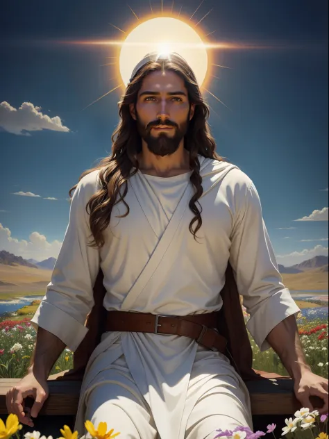 A beautiful ultra-thin realistic portrait of Jesus the prophet, a 33 year old Hebrew man, long brown hair, long brown beard, Jesus is sitting in a field of flowers, with his arms open, the sky is blue and the sun is shining. The flowers are of many colors ...
