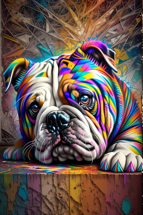 (English bulldog ),(melhor pose),(best angle), (better expression), Eduardo Kobra acolchoamento ,multidimensional geometric wall...