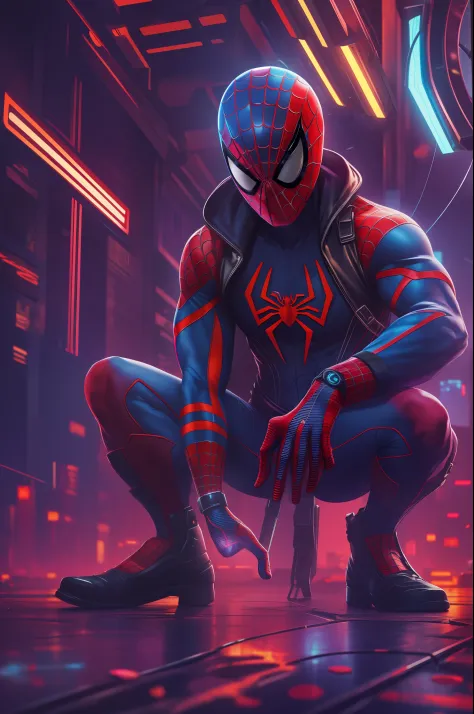 Spiderman cyberpunk bright colours and lightings,8k ultra hd wallpaper, realistic