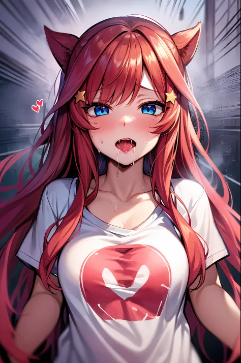 (suggestive:1.3),(corruption),1girl,(whute t-shirt), melting,dripping,red hair,blue eyes,blush,upper body,(ahegao:1.1),(naughty face),collarbone,trembling,sweat,sweatdrop,heart,skindentation, (crazy:1.3),(speed lines),sun, outdoors, star hairpins