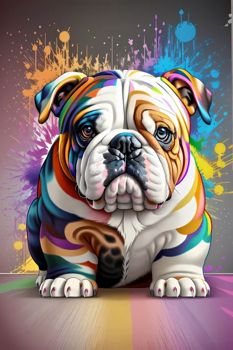 (English Bulldog ),(melhor pose),(best angle), (better expression), Eduardo Kobra acolchoamento ,multidimensional geometric wall...