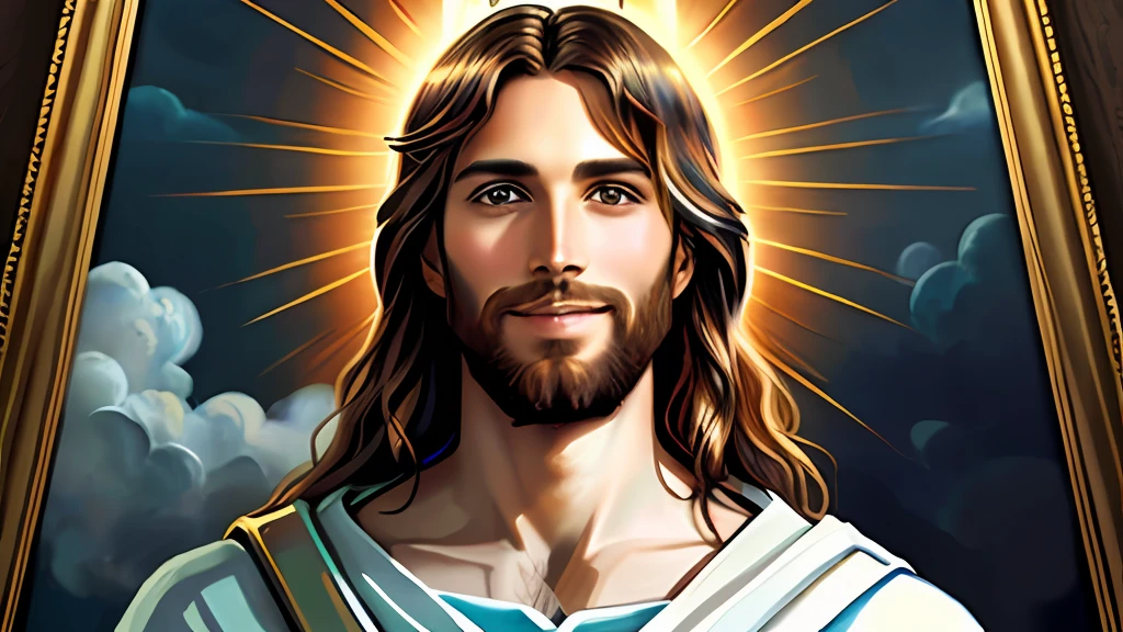 A painting of イエス with a halo in heaven, イエス Christ, 天国で微笑んでいる, Portrait of イエス Christ, Face of イエス, 全能の若い神, 天の神の肖像画, グレッグ・オルセン, イエス Gigachad, イエス of Nazareth, イエス, 神の顔, 神様は私を見て