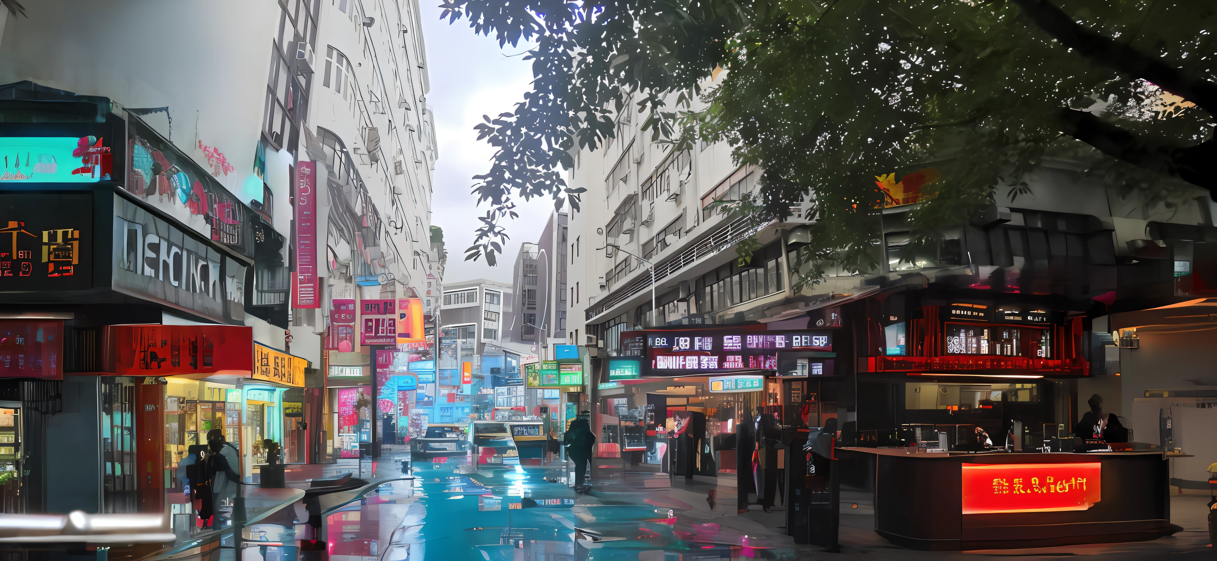 香港スタイルのバー,香港の街路,オープンバー,ネオンライト,大型看板,優雅さ,高級化する,味がある,極限まで高めたディテール,暖かく温かい光