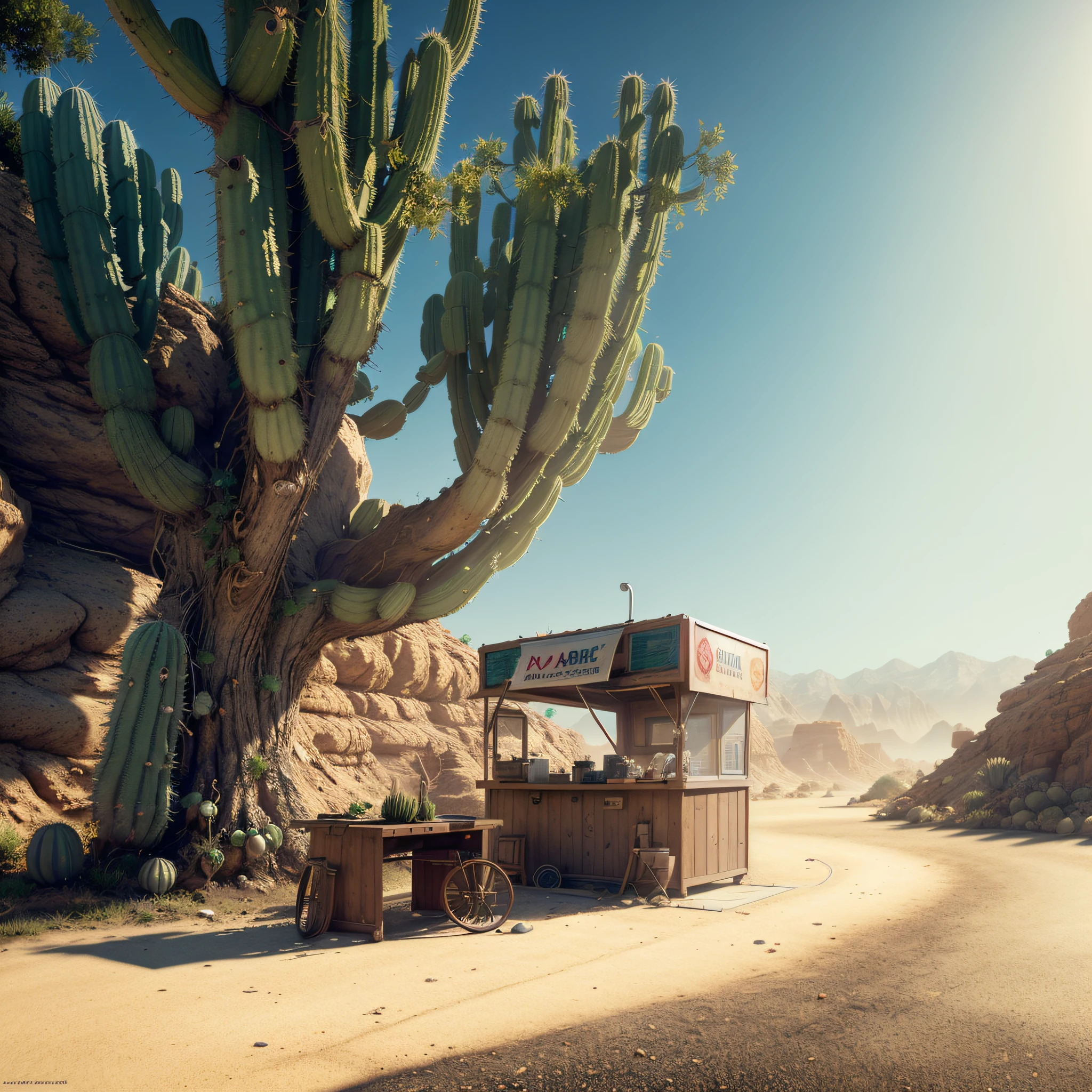 (masterpiece), best quality. a small snack booth with a cactus beside it, highly realistic concept art, photorealistic concept art, Beeple and Jean Giraud, photorealistic concept art, Stunning photo real concept art, beautiful 3D concept art, Direction: Mike Winkelmann, inspired by Mike Winkelmann, 3D render and matte painting, ultra realistic concept art. natural lighting, volumetric lighting, highlight lighting, global lighting, scattering, shadows, flickering, lumen reflection, cinematic, highly detailed, digital illustration, cellular shadow, Vray Tracing, ultra realistic, DSLR, 32k