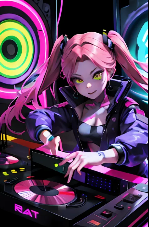 "A solo shot featuring 1girl, rebecca \(cyberpunk\)   a DJ, showcasing her skills on the turntables at a vibrant rave."
