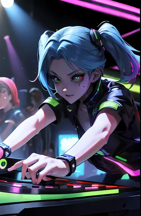 "A solo shot featuring 1girl, rebecca \(cyberpunk\)   a DJ, showcasing her skills on the turntables at a vibrant rave."