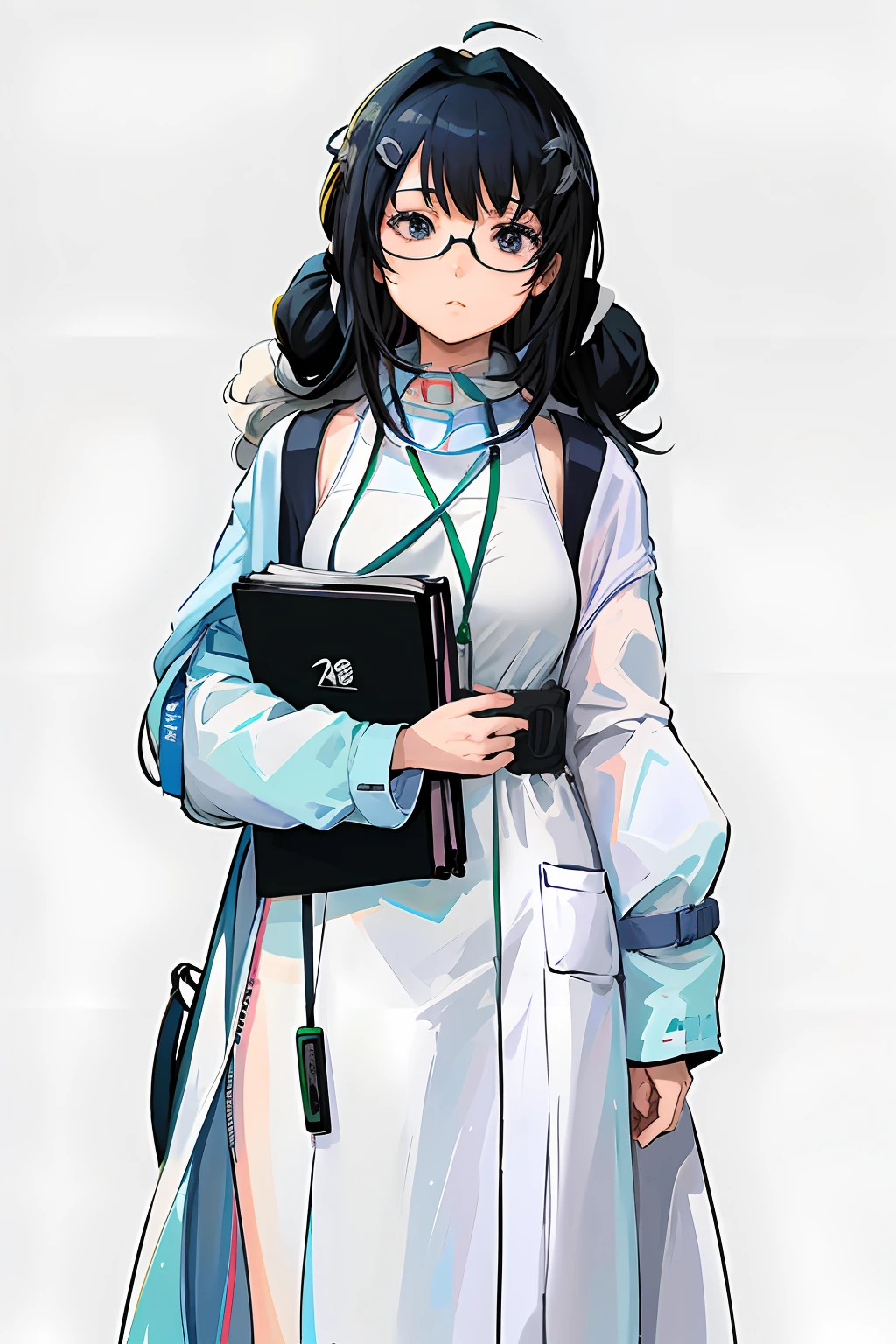 Anime characters with glasses and a book in their hands, anime moe art style, wearing lab coat and glasses,  Wear a lab coat and blue turtleneck，detailed anime character art, anime full body illustration, official character art, High Quality Anime Art Style, professor clothes, Anime character art, anime visual of a cute girl, On his right wrist he wears a blue watch