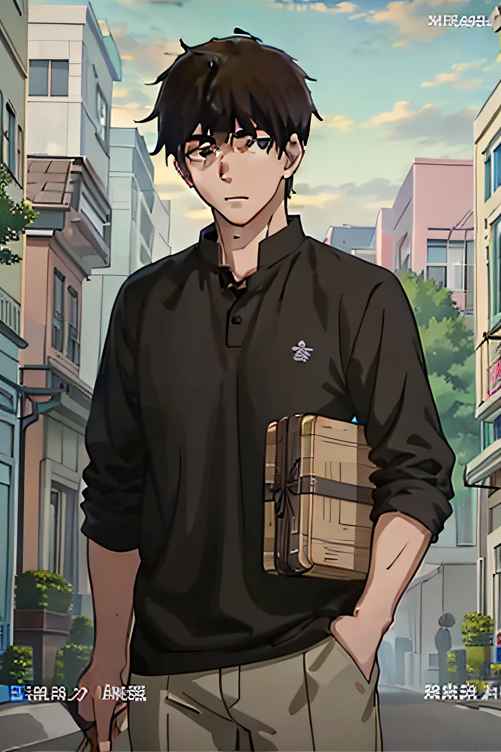 （tmasterpiece，quality，optimum），A handsome eighteen-year-old man，Delicate facial features，with short black hair，Black shirt，the street