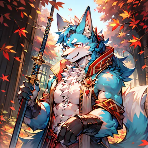 solo person，twine binding，werecreature，male white wolf，blue fur，blue tail，white ears，blood-red eyes，hanfu，musculature，male peopl...