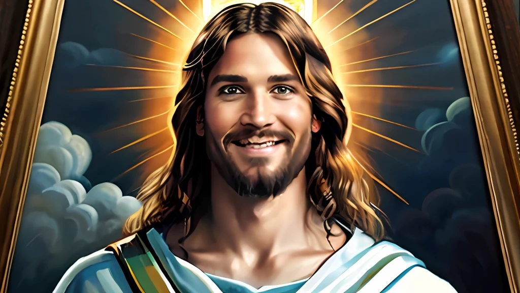 Uma pintura de Jesus com uma auréola no céu, Jesus Cristo, sorrindo no céu, Portrait of Jesus Cristo, rosto de jesus, Jovem Deus Todo-Poderoso, retrato de um deus celestial, Greg Olsen, Jesus Gigachad, Jesus de Nazaré, Jesus, a face de deus, Deus olhando para mim