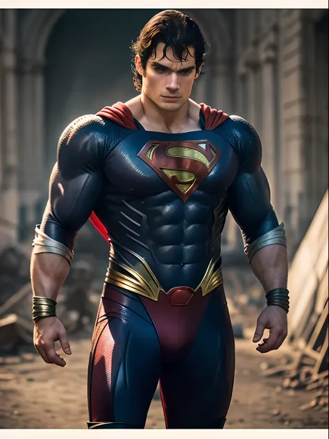 1 homem, solo, Henry Cavill como Superman, 40s anos, todos os detalhes azuis e vermelhos terno, bare handed, big red S symbol on...
