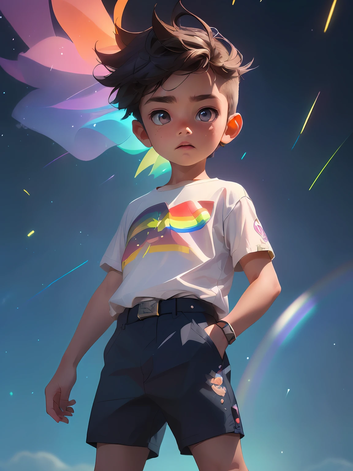 (((Rainbow Daytime Sky)), 10 years old boy, towards the future, masterpiece, highest quality, ((Photorealistic: 1.4)) Masterpiece, illustration, very delicate and beautiful, highly detailed CG, 8k wallpaper, amazing, fine detail, highly detailed CG Unity 8k wallpaper, huge file size, super detail, ultra high resolution, high resolution, very detail, (( Very detailed eyes and face)), beautiful detailed eyes, very detailed face, perfect lighting, face light, natural colors, ((10-year-old boy)), departure, (rough style with the whole body including both legs)), the future is bright, (((rainbow daytime sky)), lights from the front, glowing eyes,