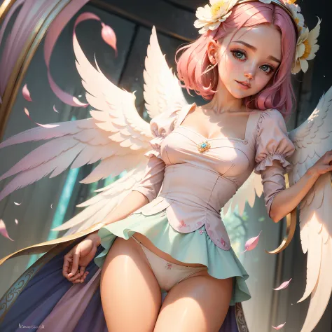 Uma mulher jovem, como um anjo, cores vibrantes e pasteis, cabelos brancos e flutuantes, asas de anjo, pequenas luzes em volta, roupa florecente e brilhante, roupas compostas, rosto angelical e sorridente, angel wings behind the back, magical atmosphere, f...