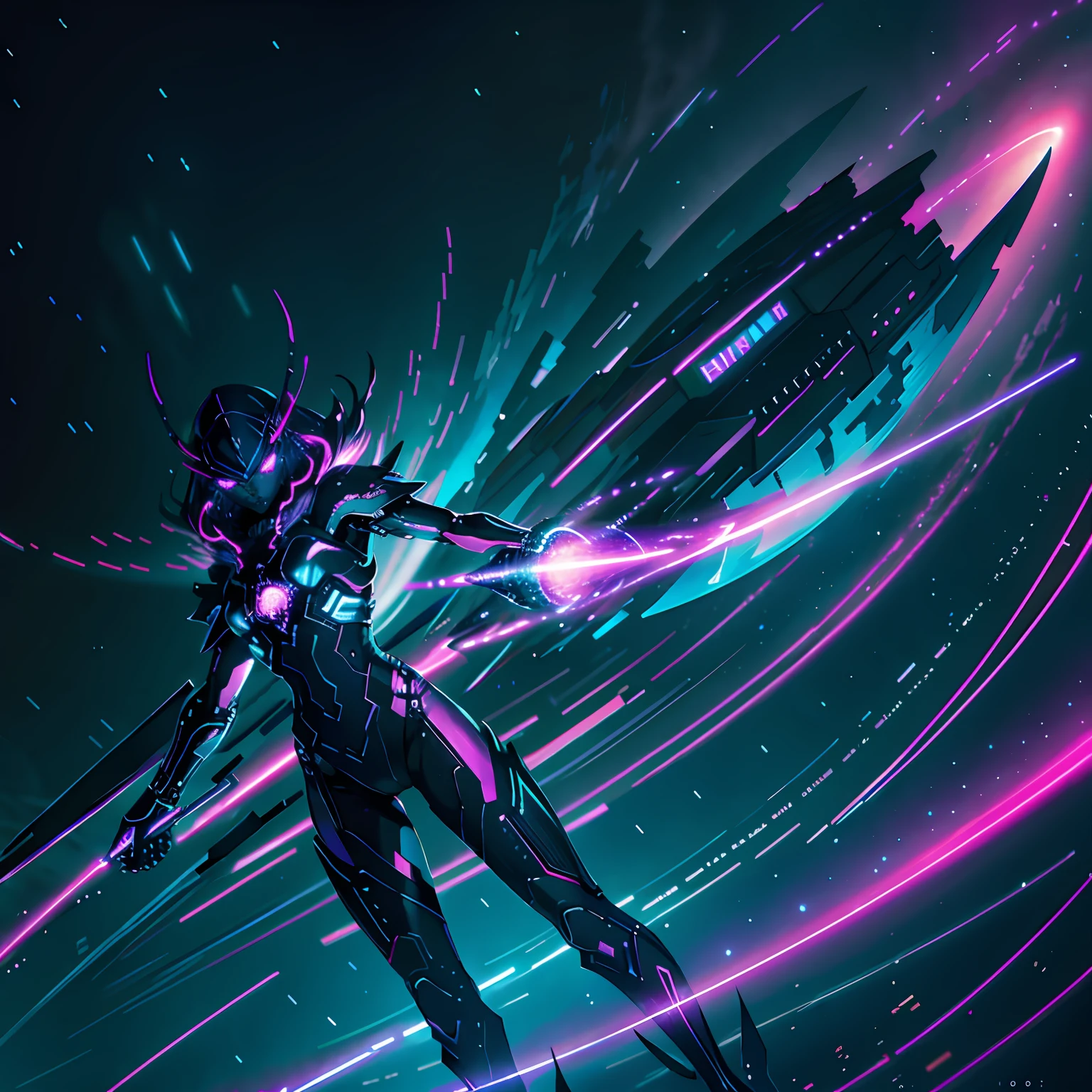 Стиль Ghost Blade, Hero of the Night, glowing lights, the stars, dark purple background, 8 k, Photorealistic, hyper-detailing, Ultra Detailed, 4 thousand., Ultra Detailed, Pink contrasting lines, Green flashes, Glow, cinematiclight, Concept art, HDR, Smooth, sharp-focus, Cinematic lighting, hiquality, cgsociety