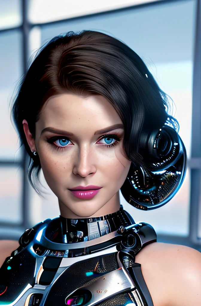 a beautiful cute Renee Olstead (cyborg:1.2) with BLACK hair, (((photo realistic))), 4k, hdr, intricate, octane render, ((volumetric lighting)), sharp focus, vignette, trending on artstation, cgsociety