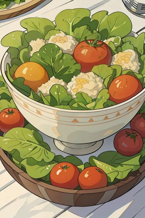 bowl of lettuce, tomatoes, salad, (((ultra-detailed)))