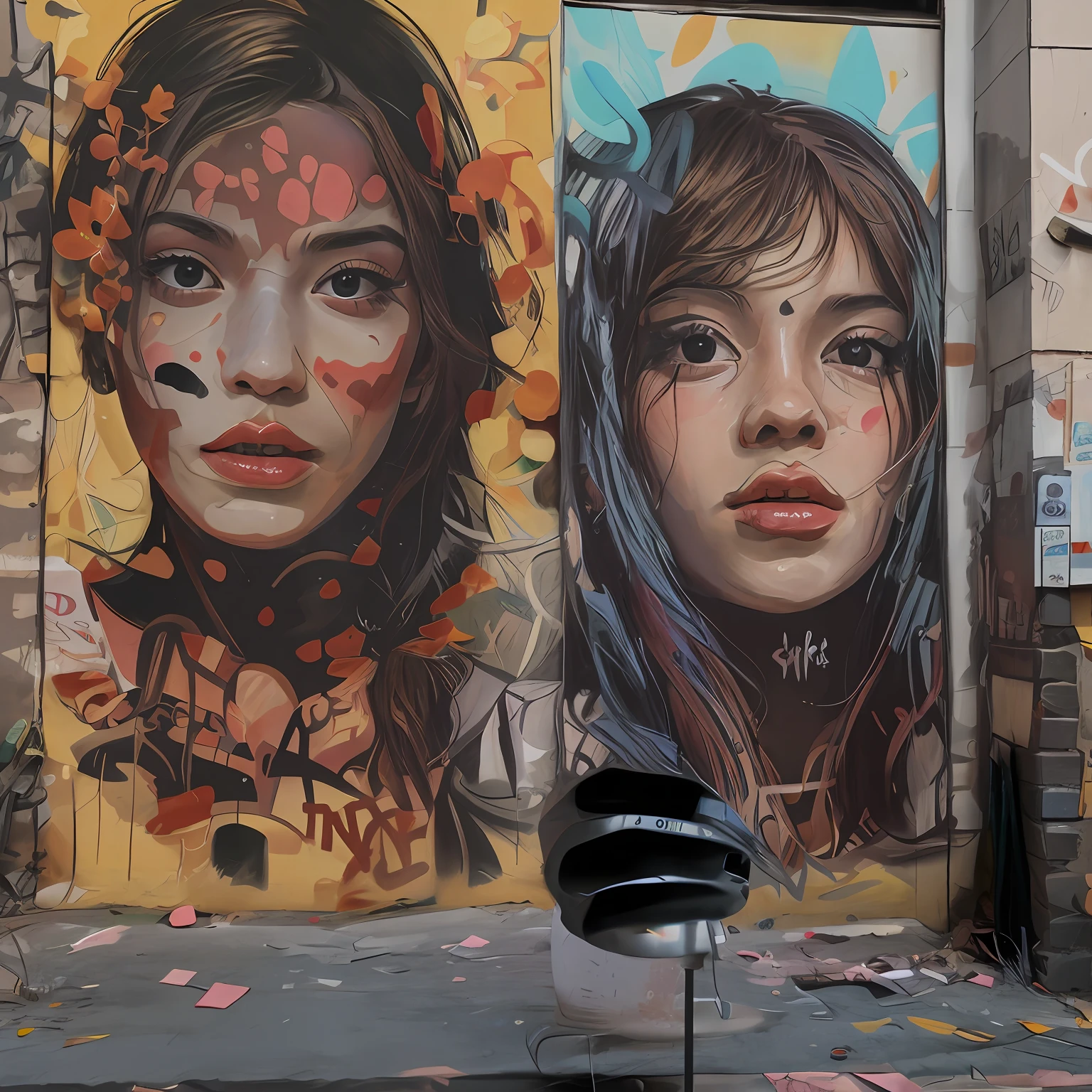 Graffiti en la pared de un edificio con dos chicas con caras pintadas, Arte callejero 8 K, hiperrealismo colorido, Arte callejero:2 obras maestras, Impresionantes obras de arte, Arte callejero, Arte callejero, colores vibrantes hiper realismo, Arte callejero moderno, Estilo de arte callejero, Alena Aenami y Lilia Alvarado, realistic colorful photography, amazing art, Hiperrealismo Artstyle