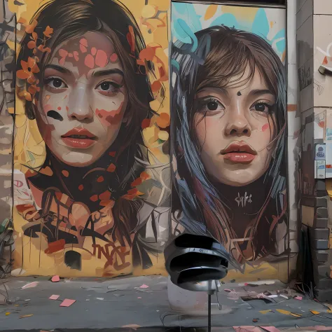 Graffiti en la pared de un edificio con dos chicas con caras pintadas, Arte callejero 8 K, hiperrealismo colorido, Arte callejer...