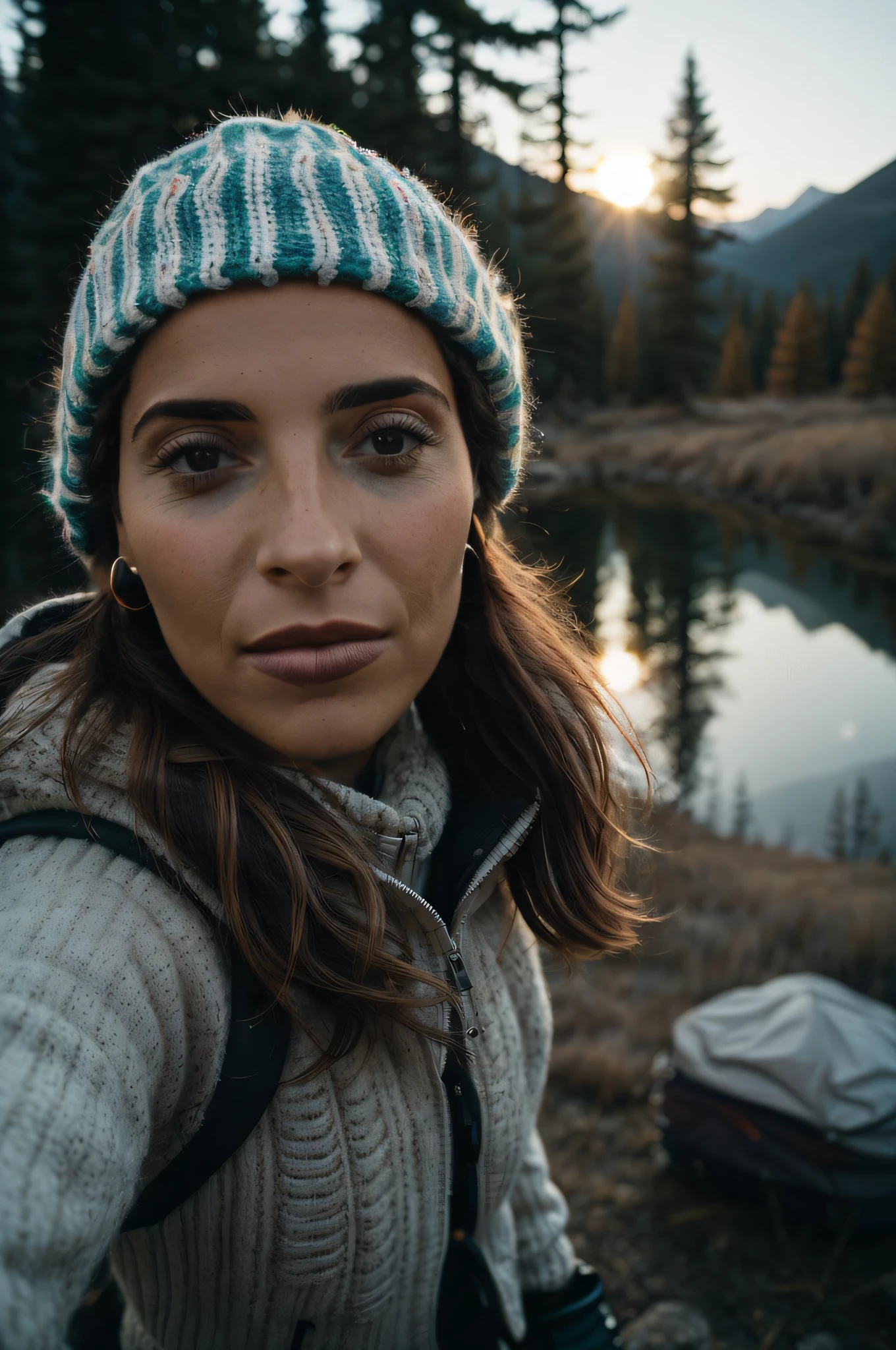 1 mulher de 30 anos, pele perfeita ((selfie da parte superior do corpo, feliz)), obra-prima, melhor qualidade, ultradetalhada, solo, ao ar livre, (noite), montanhas, natureza, (estrelas, lua) alegre, feliz, mochila, saco de dormir, camping stove, water bottle, botas de montanha, luvas, pullover, kalap, lanterna, floresta, pedras, rio, madeira, smoke billowing, sombras, contraste, clear sky, analogue style , (matiz quente, tom quente)