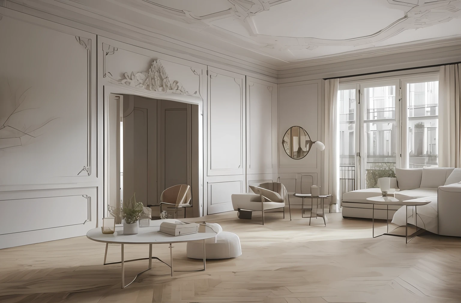 salon style haussmann, chic,  Parisien,  Well-appointed living space,(Sofa:1.3), (table basse:1.3), (Fauteuils:1.3), dining table with chairs, highly detailed, well appointed