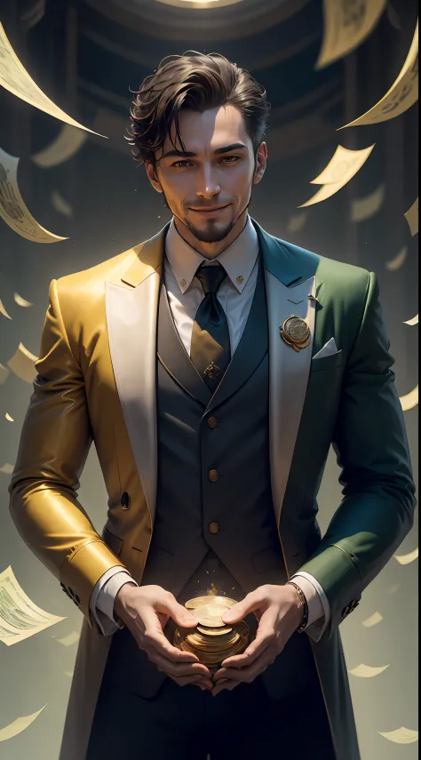 Na imagem, a man is at the center, com um olhar confiante e realizado, vestindo um terno elegante e gravata. He's in a standout ...