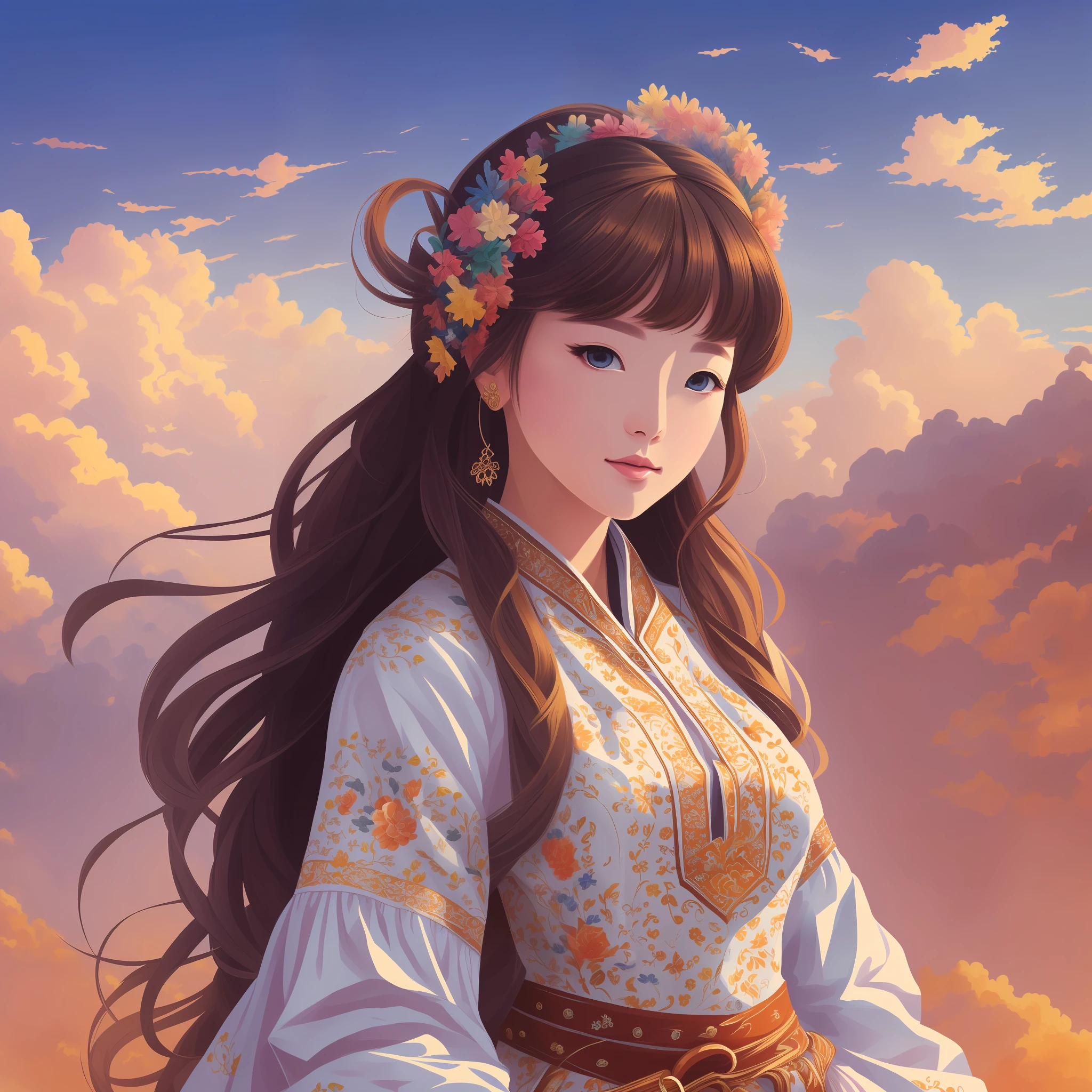 an image of a woman wearing a traditional outfit, in the style of speedpainting, detailed skies, hyper-realistic details, gongbi, cute and colorful, western-style portraits