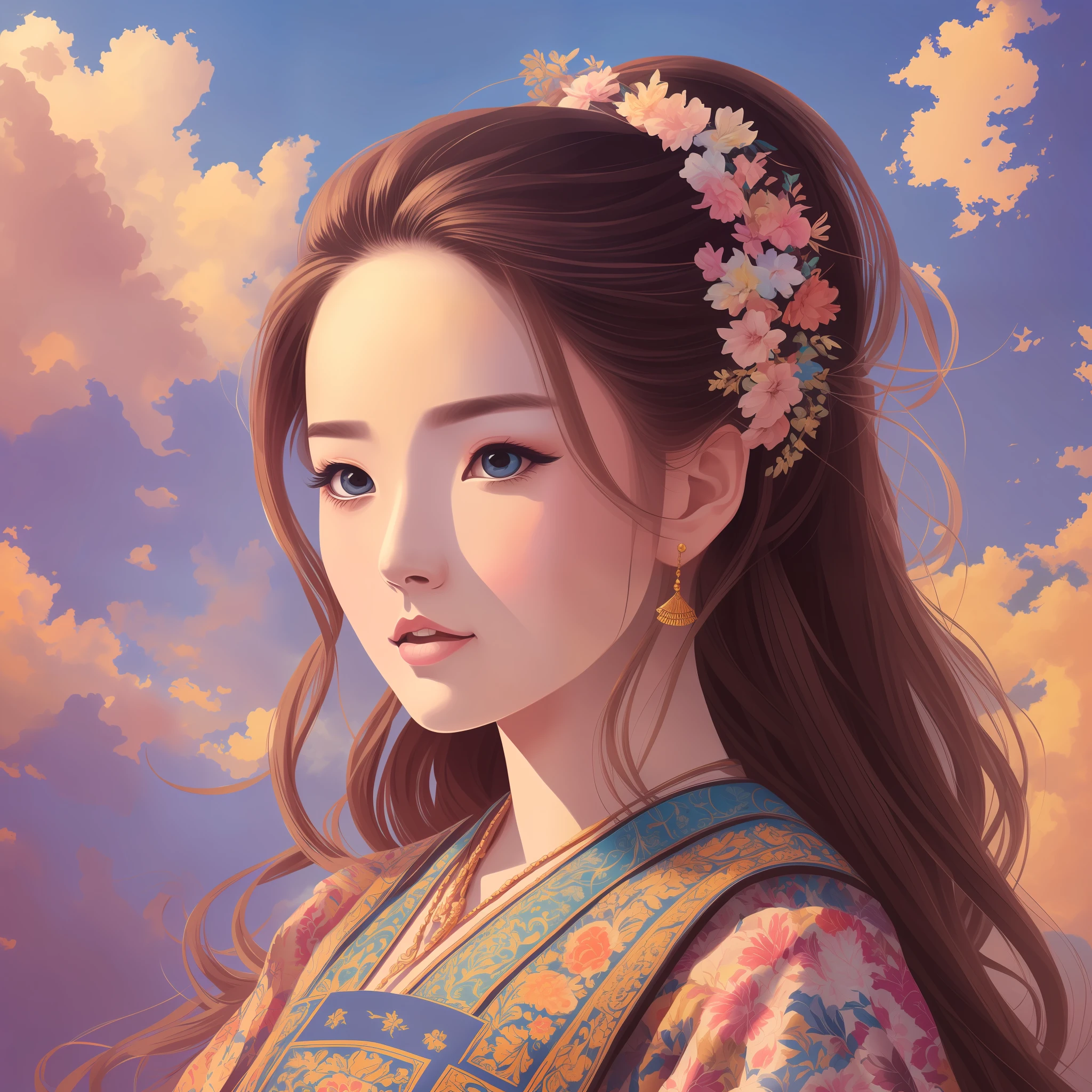 an image of a woman wearing a traditional outfit, in the style of speedpainting, detailed skies, hyper-realistic details, gongbi, cute and colorful, western-style portraits