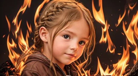 MENINO child 10 years old, Russian blonde in braids, com roupa de jaqueta de couro vermelha, estilo retrato, flames are glowing in the dark with a reflection of the fire, chamas de fogo, chamas no fundo, fogo e chamas.