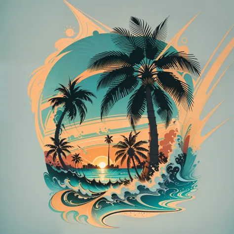 2d vector illustration, tshirt design for summers, palm trees, (surf: 1.1), (combi), sunrays, (best quality, masterpiece: 1.3), ...