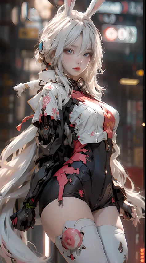 Anime girl with white hair and rabbit ears，red color eyes，Shy blush，National Wind Mech，cyber punk perssonage