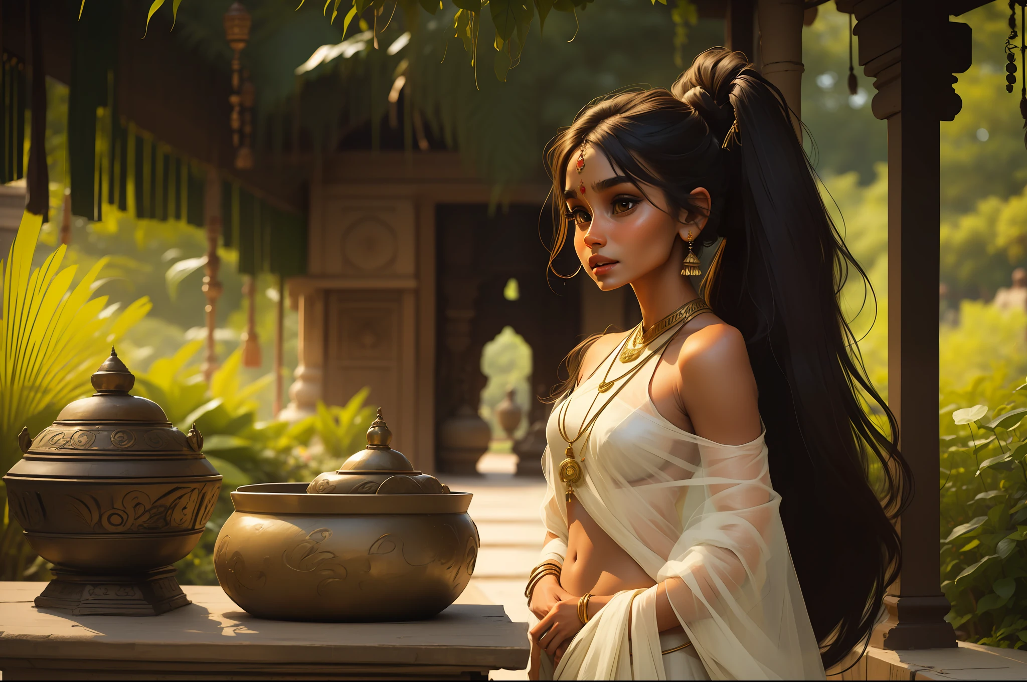 Girl from India with bronze skin, dark long hair, slightly disheveled strands gathered in a high ponytail, Large golden almond-shaped eyes, upturned snub nose, Broad shoulders, White sari, little chest, Narrow waist, wide thighs, ssmile, Against the backdrop of a green Indian garden