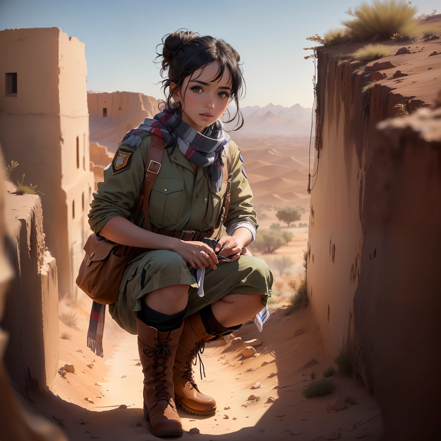 (Best quality, masterpiece, Best_quality,  detailed:1.5), Eritrean EPLF fighter: Wearing aged camouflage uniforms, Sturdy boots showing signs of extensive use, wearing scarf worn on head, and an old Eritrean flag patch, with black hair firmly wrapped in a bun and expressive black eyes in an epic landscape of Eritrea.