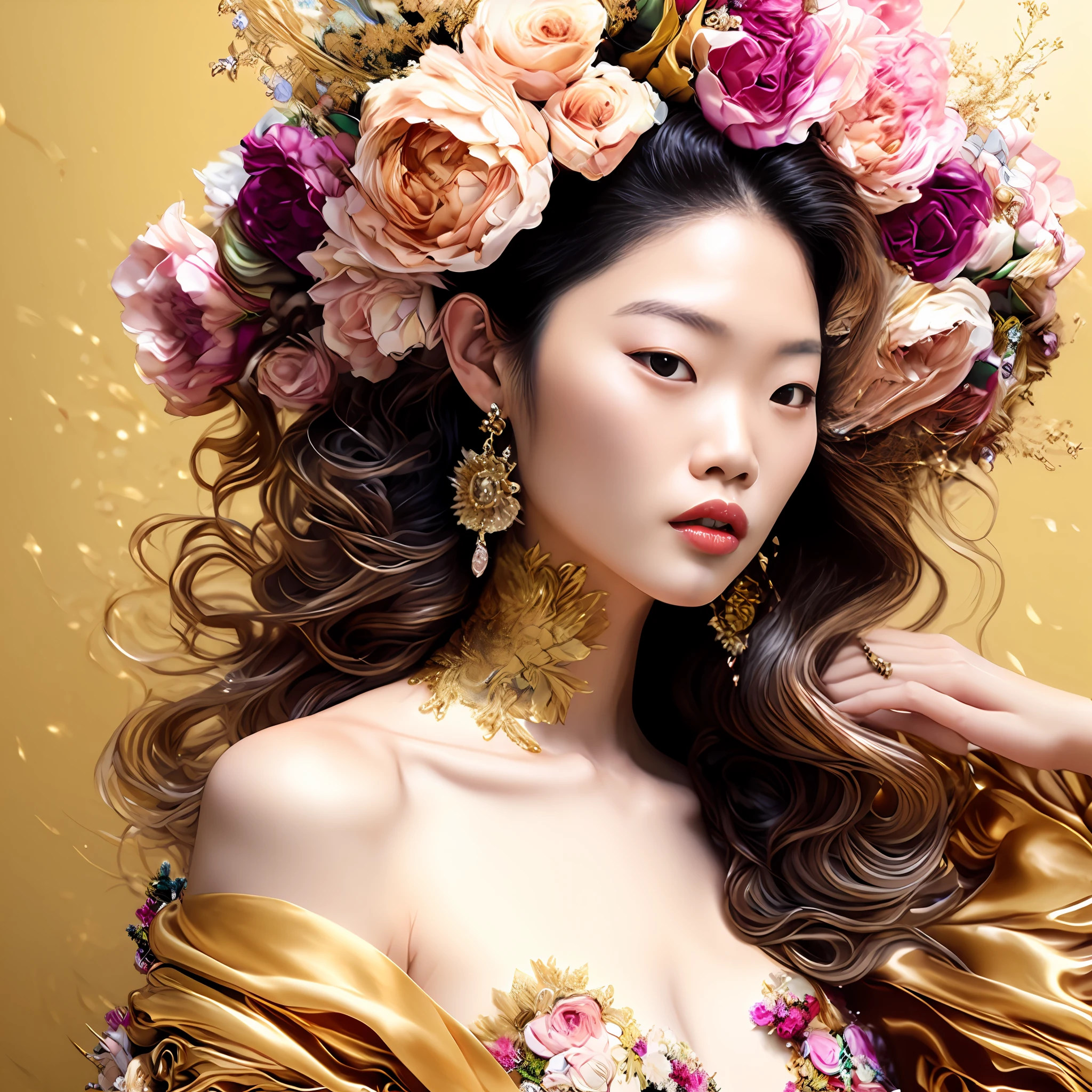 Jennie kim, Foto (FractalWomen-Stil:1) eine Frau in einem goldenen Kleid, Mit Blumen im Haar, mit einer Sonne im Hintergrund