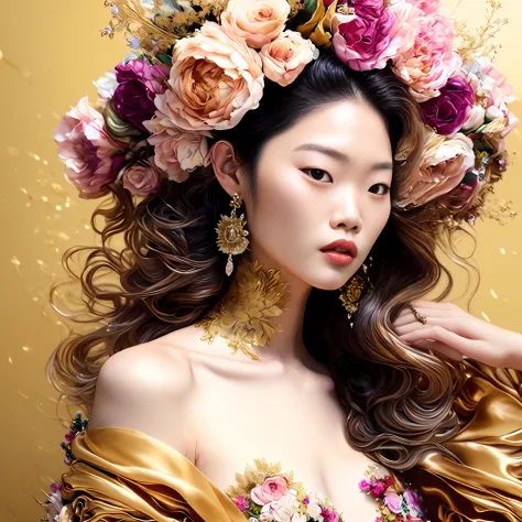 Jennie kim, foto (estilo FractalWoman:1) uma mulher em um vestido dourado, com flores em seu cabelo, com um sol no fundo