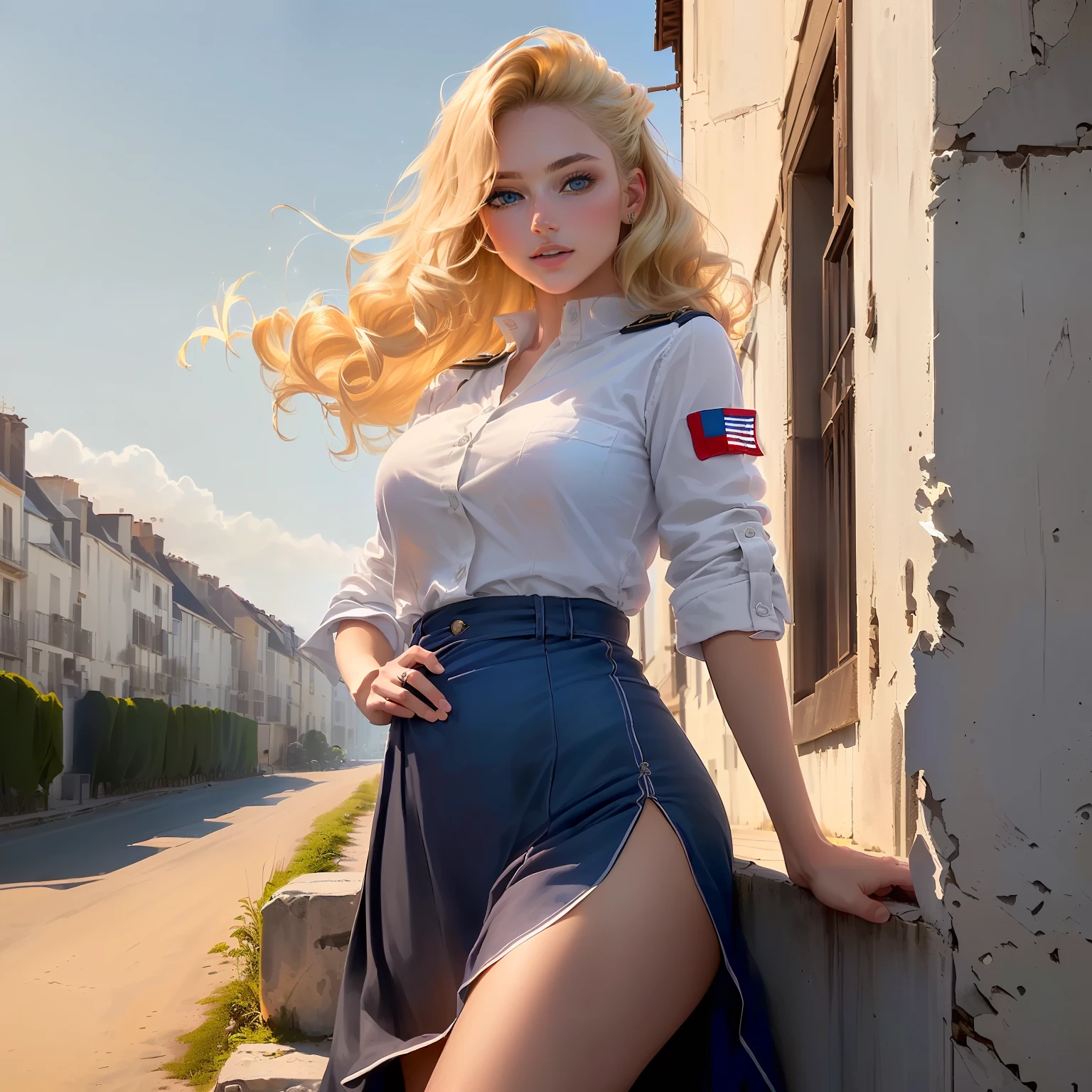 (best quality, master part, Melhor_qualidade,  circunstanciado:1.5), French Female Maquisard: Dressed in worn civilian or military-style clothing, and a weathered French flag patch, with blonde hair styled short and wavy, paired with sparkling blue eyes in an epic French landscape.