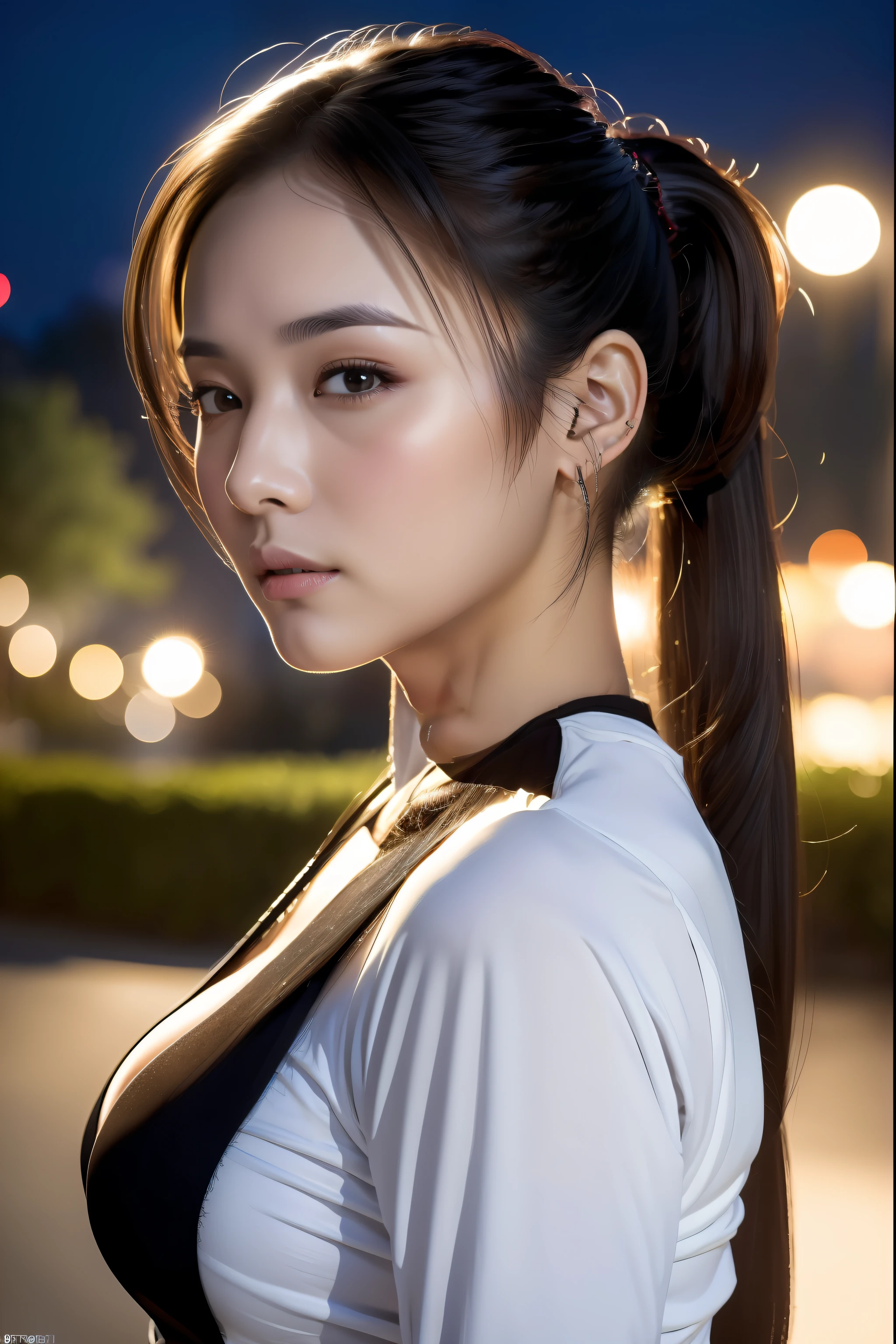 (8k, masterpiece, RAW photo, (Best Quality:1.2), (Ultra High Resolution:1.0), (Photorealistic:1.4), professional lighting, 1 girl, best quality, snap shot, beautiful face, Japanese woman, age 28, extremely beautiful face, jacket, t-shirts, portrait, (pureerosface_v1:0.5), brown eyes, (medium breast: 0.8), high pony tail, wind, night, at park, walking, from side