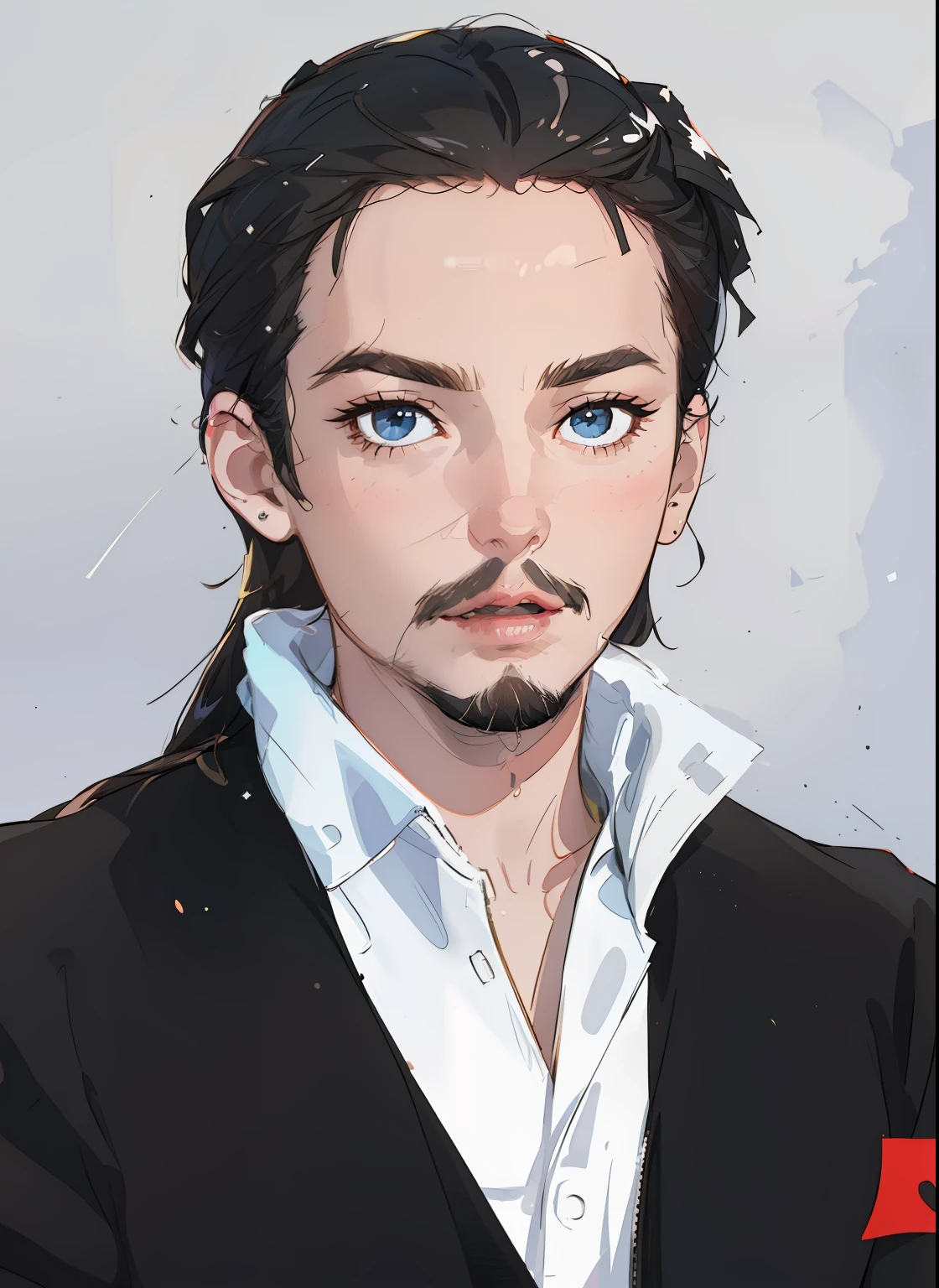 (Face close-up:1.3),Head portrait close-up, Johnny Depp, trendy, modern, white background, black and white fluorescent colors, flat style, minimalism, flat illustration, Tsuruta Ichiro style, black hair, Earring, white caual shirt inside, black coat, beard, 4k, illustration, strokes