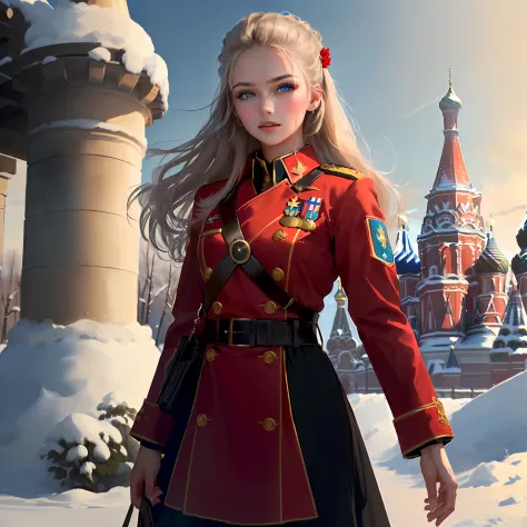 (best quality, master part, Melhor_qualidade, circunstanciado:1.5), Women's Red Army Fighter (Russia, Wwii): Wearing standard Red Army uniforms, and a faded piece of the Soviet Union's flag, com cabelos castanhos curtos e elegantes, paired with piercing bl...