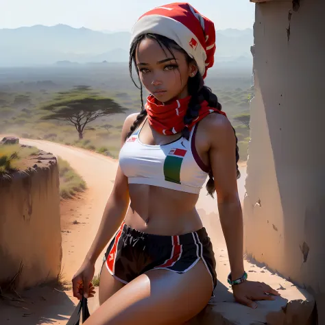 (best quality, master part, Melhor_qualidade, circunstanciado:1.5), Female Mau Mau Fighter (Kenya): Wearing simple, well-worn civilian clothes, wearing used headscarf or hat, and a faded Kenyan flag patch, with black hair in a braided style and intense bro...