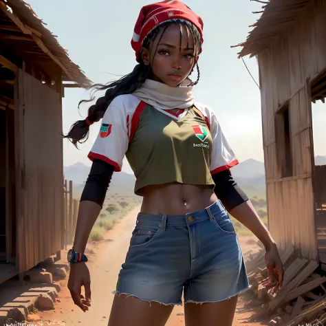 (best quality, master part, Melhor_qualidade, circunstanciado:1.5), Female Mau Mau Fighter (Kenya): Wearing simple, well-worn civilian clothes, wearing used headscarf or hat, and a faded Kenyan flag patch, with black hair in a braided style and intense bro...