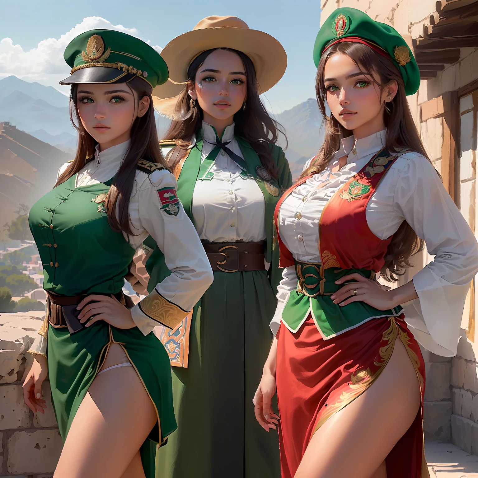 (best quality, master part, Melhor_qualidade, circunstanciado:1.5),Female Fighter in the Mexican Revolution: Wearing traditional Mexican clothing or worn military-style uniforms, wearing aged bandana or hat, and an old Mexican flag patch, with brown hair and an aged bandana, complemented by mesmerizing green eyes in an epic Mexican landscape