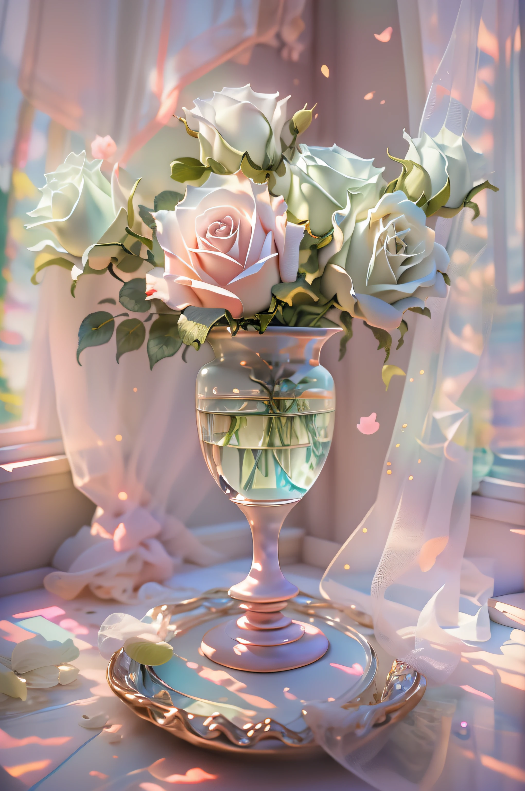 Zarte Vase mit Aurorafarbe und Glanz，Weiße Rosen，Tüllvorhänge，neben dem Fenster，Die Sonne scheint in，Das Licht der Heckscheibe ist von hinten beleuchtet，Hintergrund leer， Ultraklare Details， hohe hohe Qualität， 8K，Meisterstück，𝓡𝓸𝓶𝓪𝓷𝓽𝓲𝓬，Schön，atemberaubende detaillierte